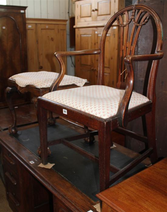 Queen Anne style walnut stool and a mahogany open arm chair